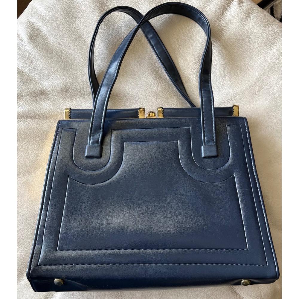 VTG Womens Julius Resnick Navy Blue Handbag Faux Leather Gold Hardware Classic